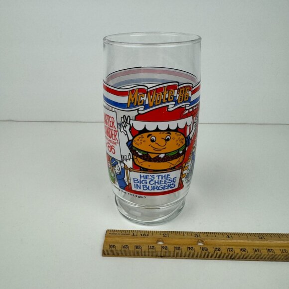 Vtg 1986 McDonalds Mc Vote Clear Drinking Glass Thin Cheese Burger Collectible - Picture 1 of 15
